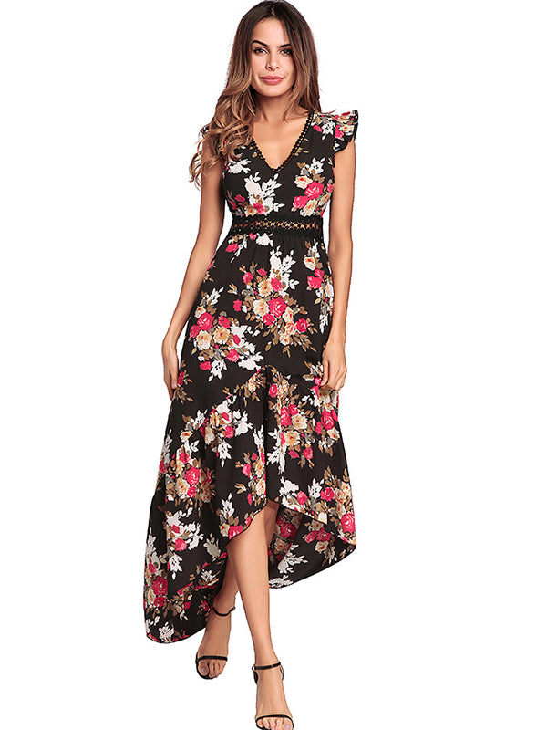 Floral Maxi Backless V-neck Hollow Out Waist Flower Black White High ...