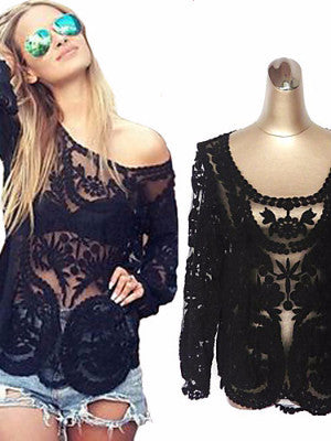 WealFeel Long Sleeve Hollow Lace Blouse - WealFeel